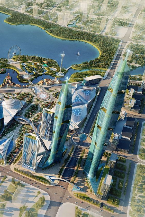 Eine Stadt der Zukunft, Glashochtürmen, begrünt, Und wesentlich in aufgelockerter Struktur das gesamte Straßen- bzw. Stadtbild